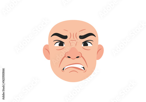 An illustration of a bald man's face showing strong emotions of anger and disgust, with furrowed brows, a wrinkled nose, and a grimacing mouth.