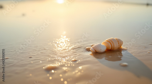 Wet sand surface with fine details and dreamy natural light. Minimal and serene composition.
