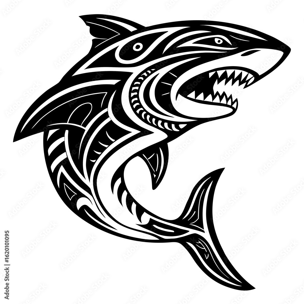Obraz premium Vector Black White Shark Head Illustration - Side Profile Tribal Tattoo Style Aggressive Expression Sharp Teeth Bold Clean Lines Dynamic Fierce Look White Background