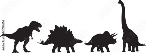 Black Silhouettes of Four Different Dinosaur Species Lined Up on White Background tyrannosaurus rex