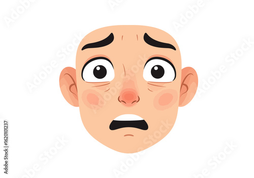 A close-up illustration of a bald human face expressing intense worry, fear, or anxiety.