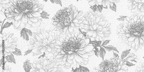 Floral vintage pattern. Monochrome sketch with gritty halftone texture, paper grain, bold threshold contrast.