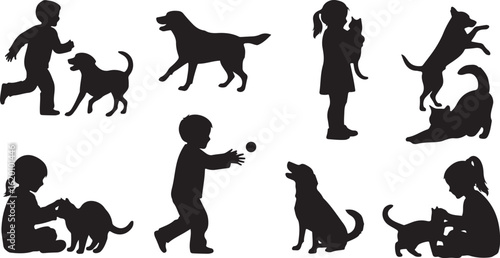 Silhouette Collection Of Children And Pets Playing Together vector illustration