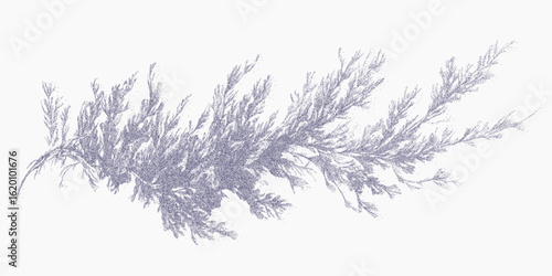 Purple detailed branch. Distressed black sketch with dusty speckle texture, halftone spray, subtle grunge overlay.