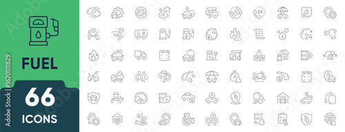 Fuel and Gas Station line icon set. Includes 66 outline icons related to petrol pump, fuel, gas station, nozzle, refueling, energy, and oil industry. Linear icon collection. Editable stroke.