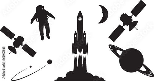 Space Exploration Silhouettes Astronaut Rocket Satellites Moon and Planet vector illustration