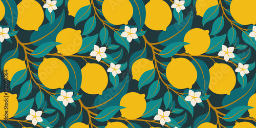 Vibrant Lemon Tree Seamless Pattern Citrus Fruit Leaves Flowers Botanical Summer Nature