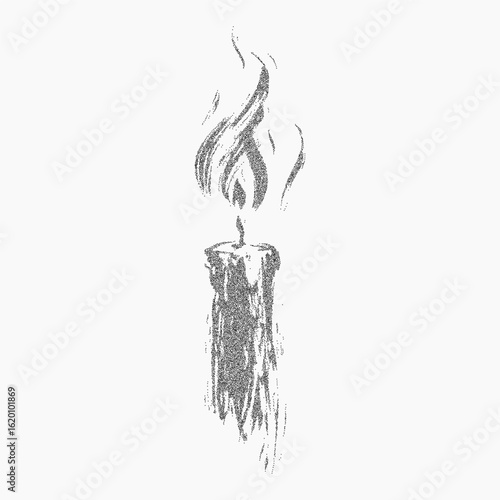 Burning candle. Simple geometric form filled with dusty grain, distress marks, and ink splatter. Subtle halftone threshold and retro texture.