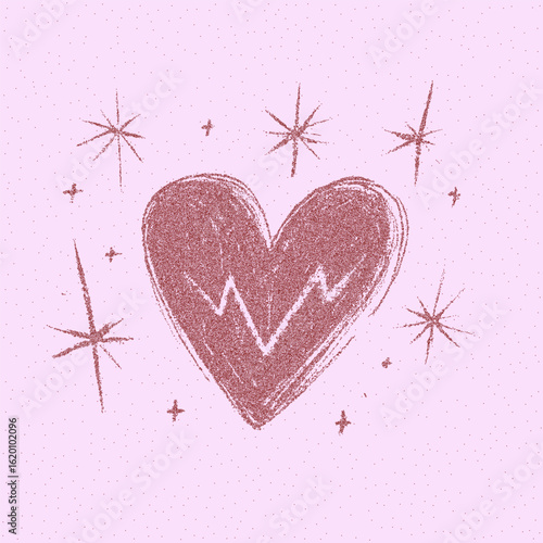 Pencil drawing of a heart on a pink background. Monochrome brushstroke shape with grainy texture and stipple noise. Rough ink threshold effect with speckled grunge overlay.