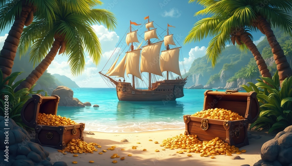 Fototapeta premium Pirate galleon anchored near tropical island beach. Open treasure chest overflows with gold coins. Palm trees frame idyllic scene. Clear turquoise water reveals sandy seabed and hidden riches.