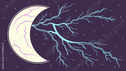 Mystical crescent moon with branching lightning against a starry night sky