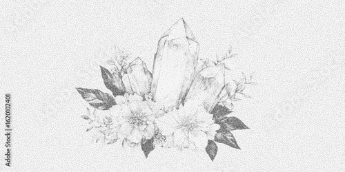 Druse of crystals and flowers. Textured object with retro halftone shading and visible speckle. Scratch marks and distressed paper effect.