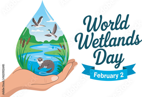 Hand holding water droplet with otter, birds and cattails for World Wetlands Day nature conservation