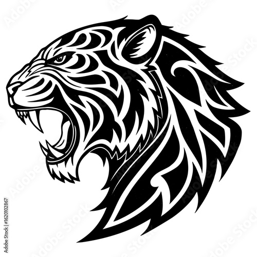 Wallpaper Mural Vector Black White Tiger Head Illustration - Front View Tribal Tattoo Style Fierce Expression Sharp Bold Lines Detailed Fur Stripes Symmetrical White Background Torontodigital.ca