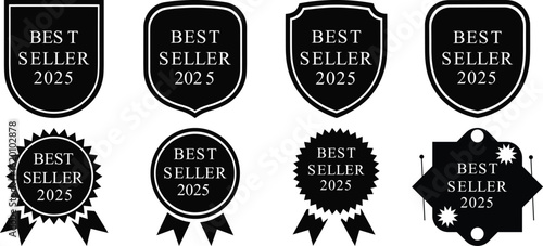  Set of Best Seller 2025 badges, black vector icons and labels for top products.
