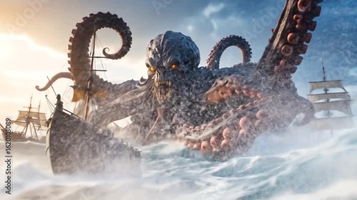 Kraken attacking sailing ships in stormy sea