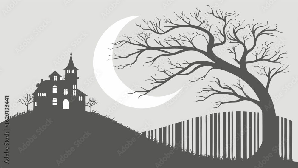 Fototapeta premium Spooky silhouette of a haunted house and bare tree under a crescent moon on a hilltop with a barcode fence