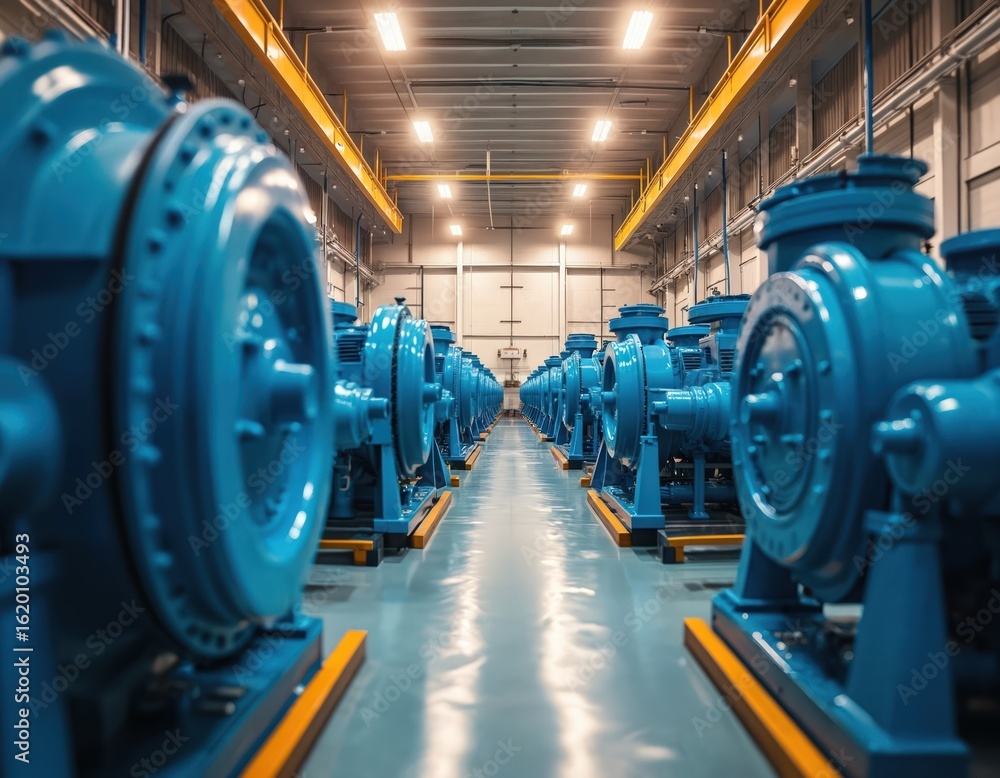 Fototapeta premium Modern hydroelectric power station interior row of large blue turbines, generators. Advanced machinery operates within clean, well-lit industrial facility. Scene represents powerful energy