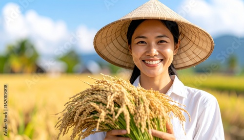 A joyful portrait of a happy Asian woman farmer holding a sheaf of paddy rice grain during the bountiful harvesting season.