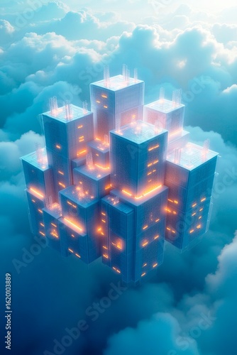 Modular AI infrastructure units linking via glowing digital bridges in a floating aerial network system with no human interface