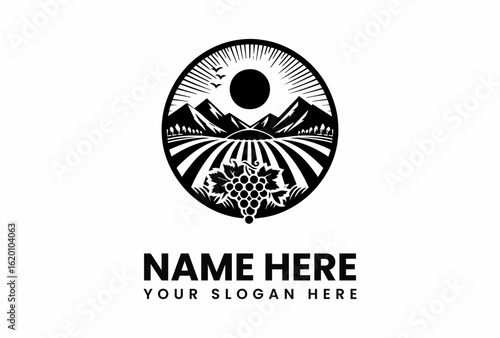 Black and White Vineyard Logo with Grapes Mountains Sun and Birds.