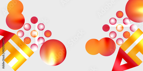 Abstract design features vibrant orange, red shapes. Geometric forms combine with circular elements, creating dynamic composition. Minimalist style.