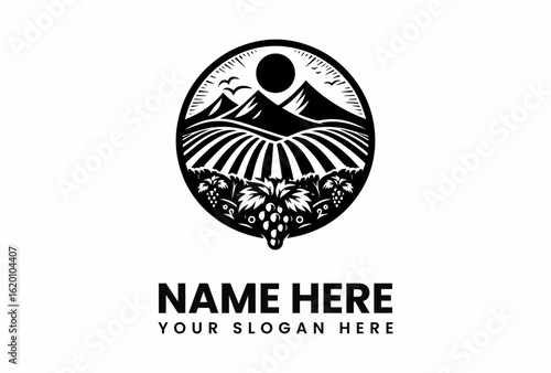 Black and white vineyard logo with mountains grapes and a rising sun.