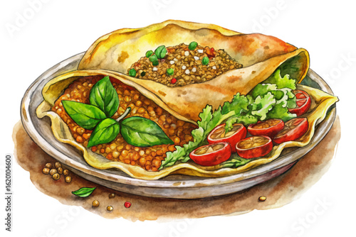 Vector banner of Ethiopian injera flatbread with lentils, greens, stew, and spices. Authentic African cuisine for traditional menus, food visuals, and culinary branding