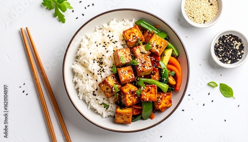 A delicious bowl of teriyaki tofu with white rice, roasted vegetables, and sesame seeds, presented in a clean, symmetrical composition.