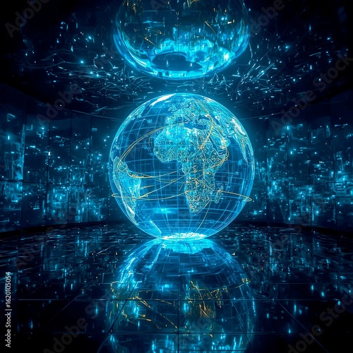 AI powered holographic map projection room displaying global digital infrastructure lines in sharp glowing contrast environment