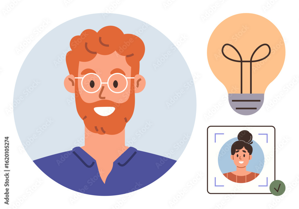 Fototapeta premium Smiling man in glasses, lightbulb representing ideas, verified profile picture in a frame. Ideal for teamwork, brainstorming, creativity, personal branding, social media, online identity simple flat