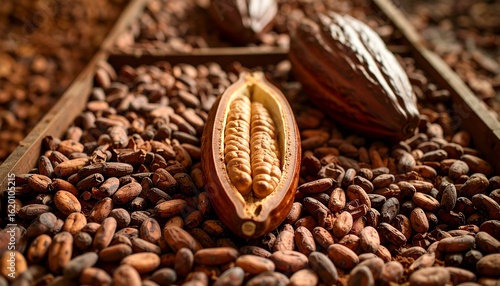 Freshly harvested ripe cocoa pod cut open, showcasing raw beans in a symmetrical setup on a bed of roasted cacao beans.