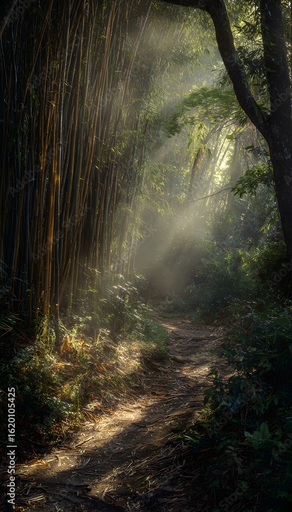 Obraz premium Sunlit trail in bamboo forest