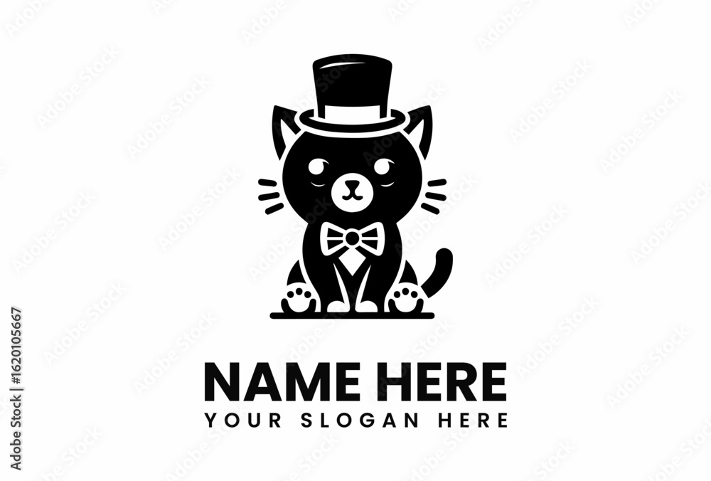 Cartoon Cat with Top Hat and Bow Tie Black Silhouette Elegant Feline.