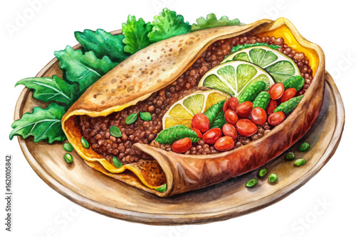 Vector banner of Ethiopian injera flatbread with lentils, greens, stew, and spices. Authentic African cuisine for traditional menus, food visuals, and culinary branding