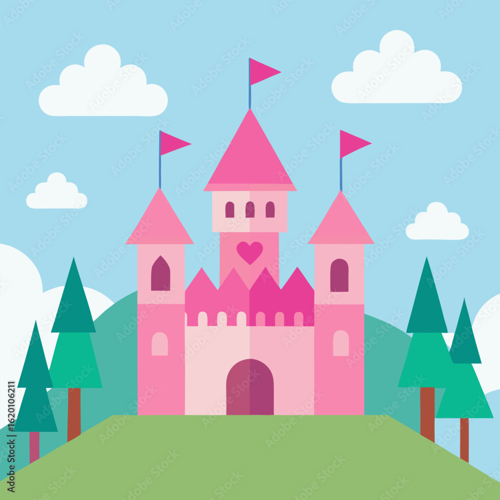 Naklejka premium Fairy tale background with princess castle in the forest vector landscape background.