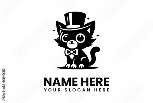 Charming Black Cat in Top Hat and Bowtie Logo Design.