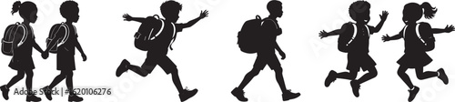 Silhouettes of diverse happy children with backpacks walking and running, back to school concept