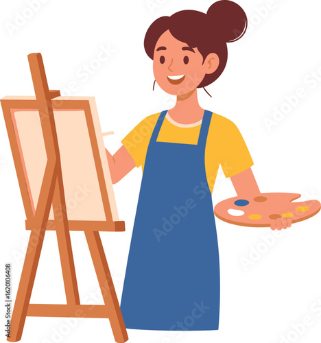 Flat cartoon happy smiling female artist painting on an easel, creative hobby or art class concept