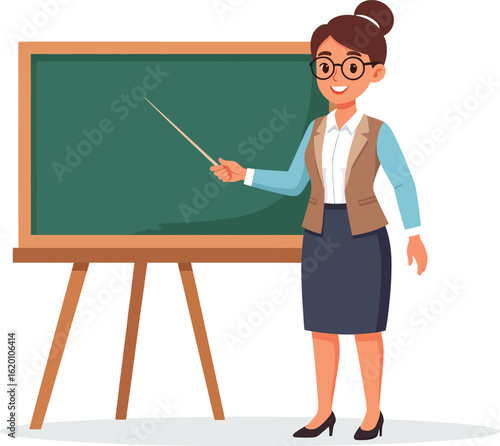 A flat illustration of a female teacher explaining a lesson on a chalkboard with a pointer, standing in a classroom, education concept