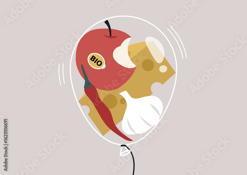A colorful balloon contains various food items associated with bloating digestion issues, The playful design features an apple, a chili pepper, cheese, and a garlic clove