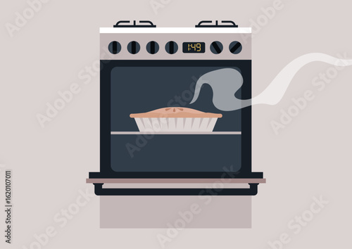 Apple pie bakes in an open oven, releasing fragrant steam that fills the kitchen, The warm tones of the oven create a comforting atmosphere perfect for baking