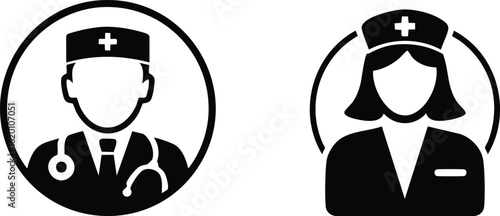 doctor and nurse avatar icons set, medical staff profiles, male physician and female nurse symbols