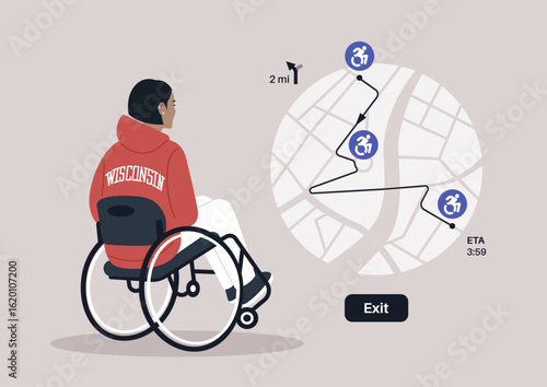 Navigating through a city, a person in a wheelchair studies a detailed map highlighting accessible paths and estimated travel times, ensuring a smooth journey