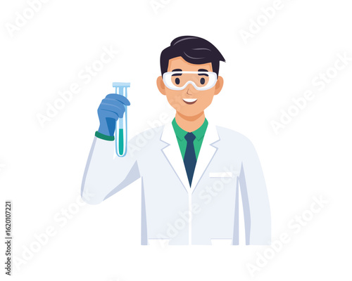 Flat cartoon vector illustration of a male scientist avatar smiling and holding a test tube with green liquid, research, and science