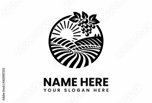 Circular Vineyard Logo Depicting Grapes Sun and Rolling Hills.
