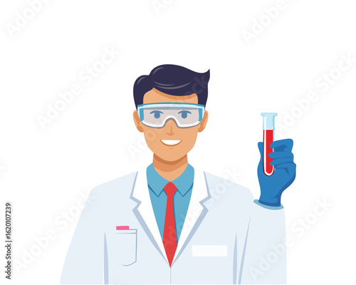 male scientist avatar smiling and holding a test tube with liquid, research and discovery concept