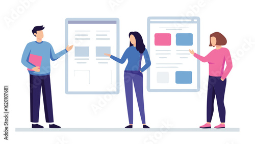 Three people standing in front of presentation boards discussing content and design elements together