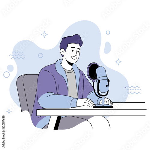 Male character podcasting at a desk with a studio microphone. Vector concept illustration.