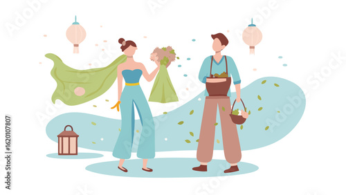 Illustration of a woman with a bouquet and a man with baskets in a whimsical outdoor setting
